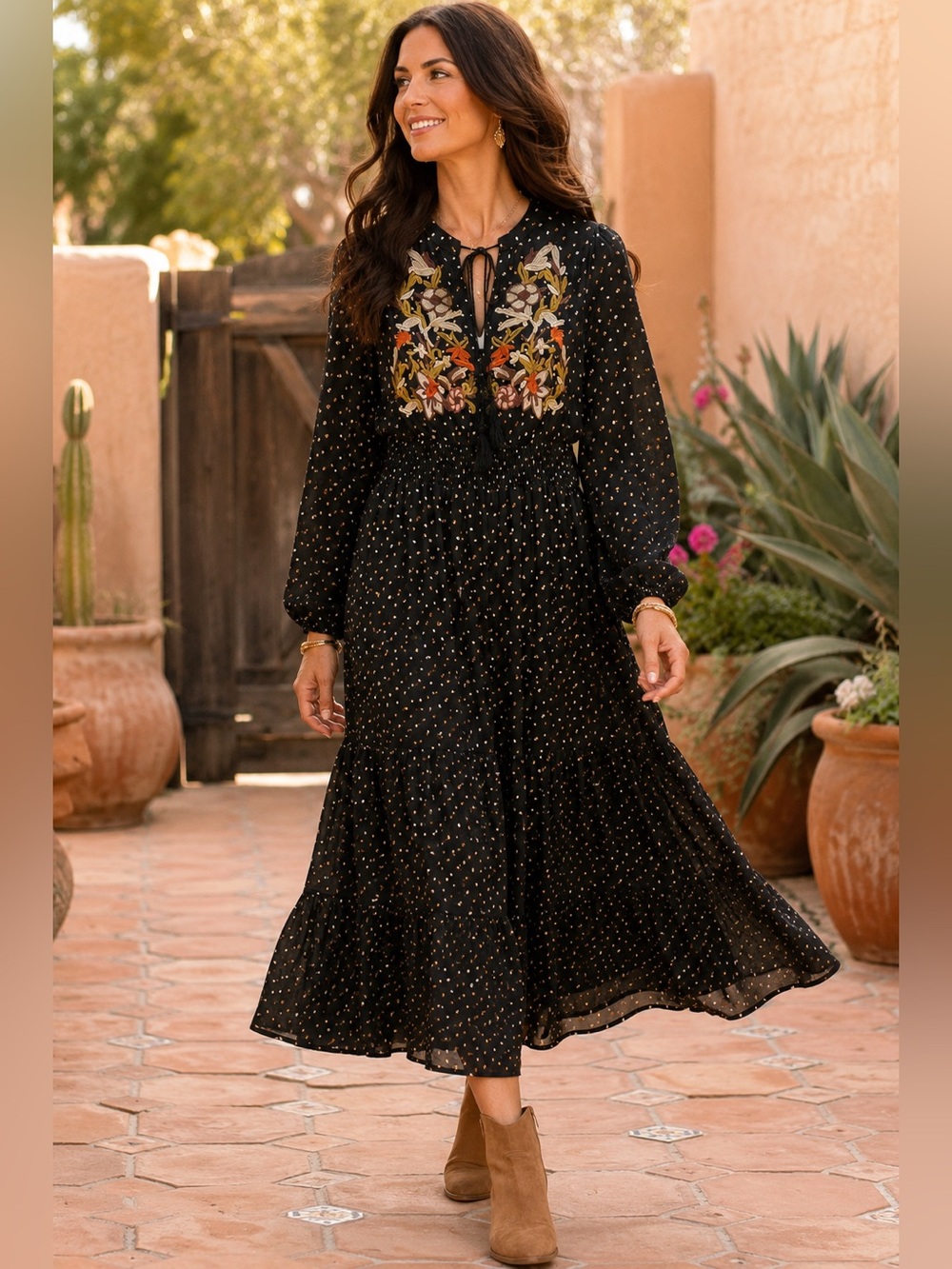 Rusttydustty Embroidered Boho Midi Dress Black Dot Print M NWT Cottagecore